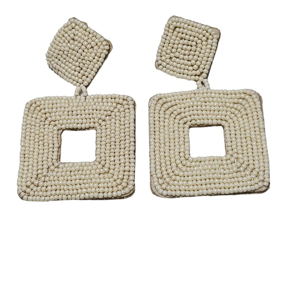 Handmade Earrings Cream Seed Beaded Felt Square Dangle Statement Jewelry Women